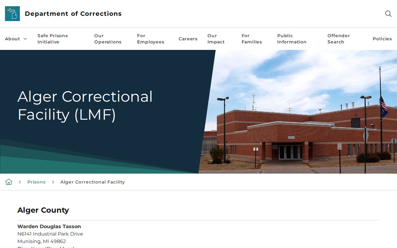 Alger Correctional Facility official MDOC release information page
