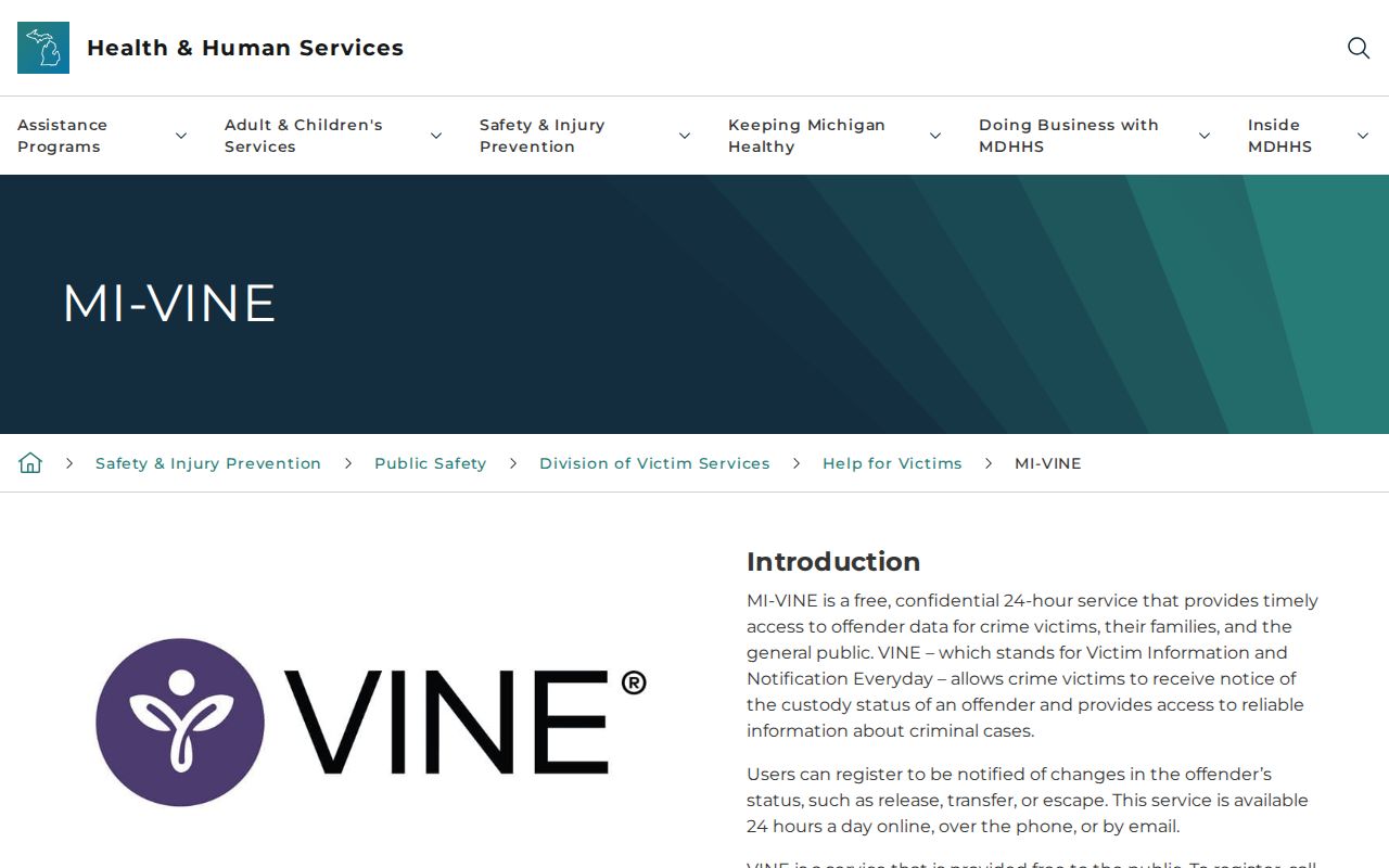 Michigan MI-VINE registration guidance for Alger County release notifications