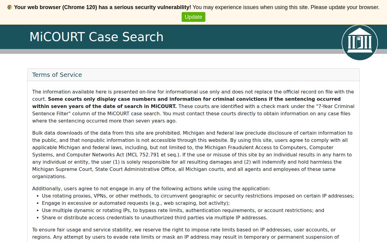 Alger County released inmate court record search in MiCOURT